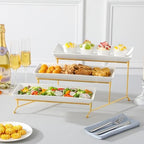 MALACASA 3 Tier Serving Trays for Party, 14 Inch Porcelain White Trays for Serving Food, Dessert Stand with Collapsible Gold Metal Rack - Image 6