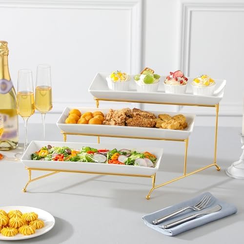 MALACASA 3 Tier Serving Trays for Party, 14 Inch Porcelain White Trays for Serving Food, Dessert Stand with Collapsible Gold Metal Rack - Image 6