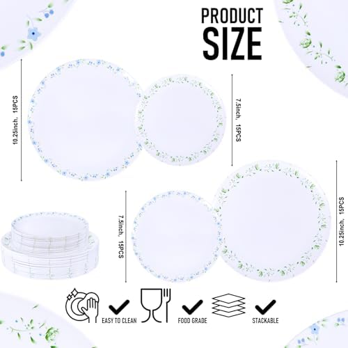 YOUBET 60PCS Blue and Green Floral Plastic Plates for Tea Party Wedding - Image 2