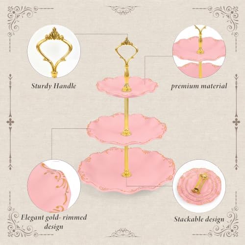 10 Pcs Cupcake Stand,Dessert Table Display Set with Gold Rim, 3 x Three-Tier and 3 x Two-Tier Cake Stands，4 x Appetizer Serving Trays for Birthday, Wedding, Baby Shower,Tea Party (Pink) - Image 3