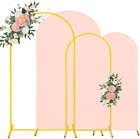 7.2FT, 6FT Wedding Arch Stand and Matching Light Pink Spandex Fitted Arch Backdrop Cover Set, Round Top Chiara Backdrop Stands and Covers for Birthday Party Baby Shower Banquet Decor (Light Pink) by JALANCY