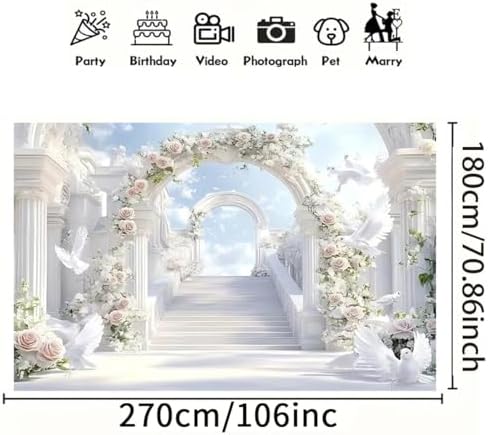 Paradise Gate Sky Stairway to Heaven Backdrop Holy Light Clouds Blue Sky Floral Archway White Doves Background Baby Shower Church Party Newborn Portrait Photo Booth Studio Props (White, 9 * 6feet) - Image 6