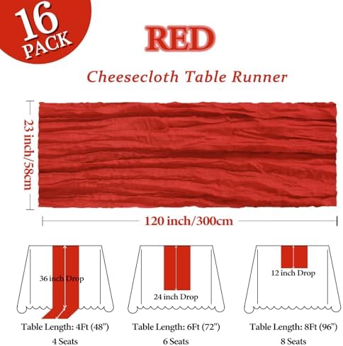 16 Pack 23 x 120 Inch Red Table Runner 10Ft Cheesecloth - Image 2