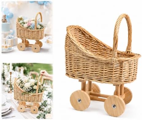 Wicker Baby Carriage Basket, Vintage Rattan Stroller Flower Basket for Baby Shower Centerpiece, Woven Carriage Decor for Wedding, Nursery Display and Photography Prop (Small) by Unknown
