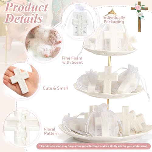 50 Pack Cross Scented Soap Baptism Favors with Cards Bags Guest Gifts,White - Image 3