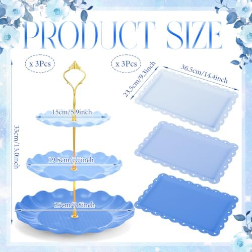 FoldTier 6 Pack Cupcake Stand Set 3 Pcs 3 Tier Gradient Dessert Table Display Stands Cookie Tray Rack 3 X14 in Rectangle Party Trays for Wedding Birthday Tea Party Baby Shower(Blue,Round) - Image 3