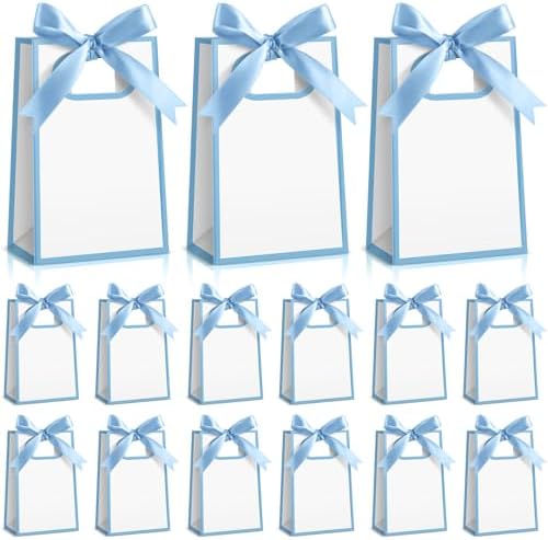 AmazingSpark 50 Pcs White Blue Mini Gift Bags Bulk 6.3 x 3.9 x 2.8 Inch Party Favors Elegant Small Gift Bags with Handles and Ribbon Bows for Wedding Birthday Bridal Baby Shower Party Favors by Unknown