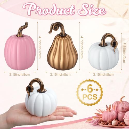 Novabright 6 Pcs Fall Pumpkins Thanksgiving Decor Resin White Pink Gold Pumpkins Small Artificial Harvest Gender Reveal Table Centerpiece Autumn Baby Shower Decor, 4.72 Inch - Image 2