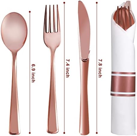 100Pack Rose Gold Disposable Plastic Silverware with Napkins - Image 6