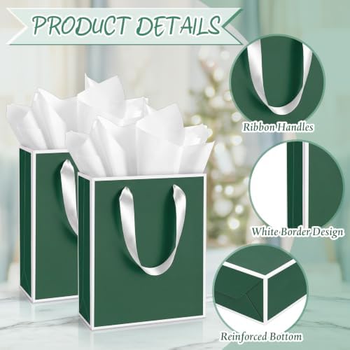 Yeaqee 50 Pack Metallic Paper Gift Bag Bulk with Handle, Green, White - Image 3