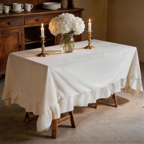 Retro Farmhouse Ruffle Tablecloth Flounces Trim Washable Table Cover Tablecloths for Rectangle Table Picnic Kitchen Dining Room Home Party Wedding Decor Off-White 60" x 120" by Unknown