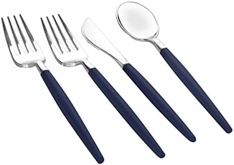 Luxe Party 128 Pieces Two Tone Plastic Disposable Cutlery | Forks-Spoons-Knives | Full Size | Chic Round | Navy and Silver - Image 2