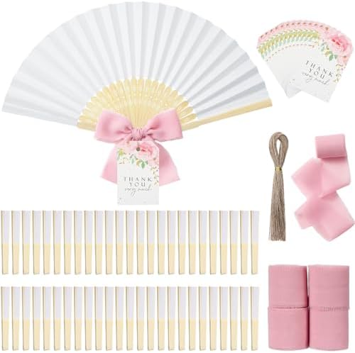 50 Sets Wedding Fan Favors for Guests, White Folding Hand Fans with Thank You Tags and Chiffon Ribbon, Wedding Guest Gifts for Bridal Shower, Baby Shower and Church Events(Pink,Flower) by Unknown