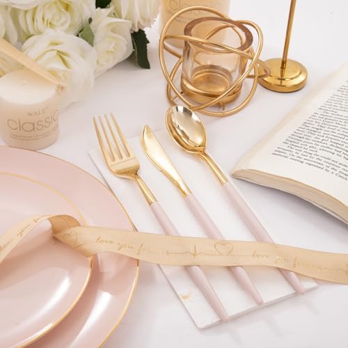 I00000 300Pcs Pink Plastic Silverware, Fancy Gold Cutlery with Pink Handle - Image 5