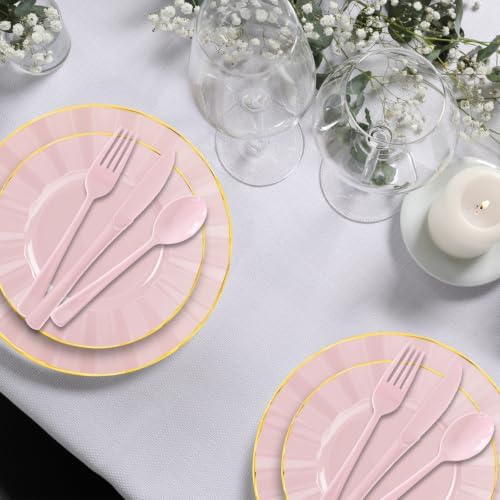 150Pcs Plastic Plates with Gold Rim,Heavy Duty Pink Plates for 30 Guests,Plastic Dinnerware Set Include 30 Dinner Plate,30 Dessert Plate,90 Gold Cutlery Set for Party (Pink) - Image 5