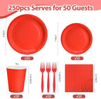 250Pcs Red Paper Plates and Napkins Party Supplies Include 9’’Disposable Red Party Plate, 7’’Dessert Plates Cups Napkins Forks Sets for Birthdays, Weddings, Graduations, Valentines, Serves 50 - Image 2