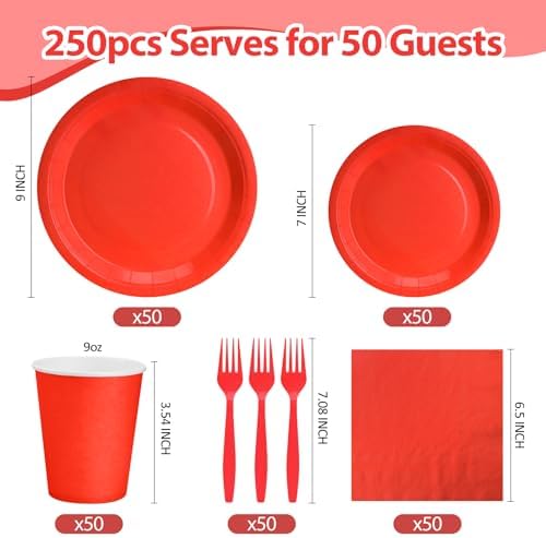 250Pcs Red Paper Plates and Napkins Party Supplies Include 9’’Disposable Red Party Plate, 7’’Dessert Plates Cups Napkins Forks Sets for Birthdays, Weddings, Graduations, Valentines, Serves 50 - Image 2