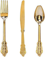WDF 300 Pieces Gold Plastic Silverware Disposable - Heavy Duty Plastic Cutlery - Gold Silverware Sets Includes 100 Forks, 100 Spoons, 100 Knives for Baby Shower/Wedding/Birthday/Party by WDF