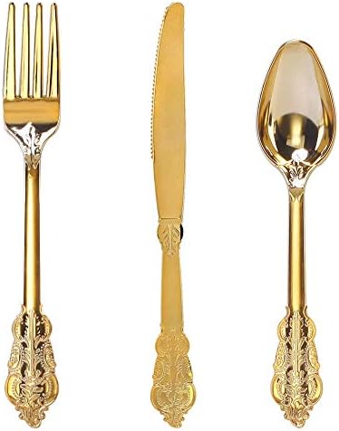 WDF 300 Pieces Gold Plastic Silverware Disposable - Heavy Duty Plastic Cutlery - Gold Silverware Sets Includes 100 Forks, 100 Spoons, 100 Knives for Baby Shower/Wedding/Birthday/Party by WDF
