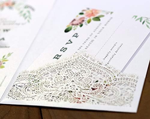 20Pcs Laser Cut Pocket Wedding Invitation Covers, 4.9×7 Inch Trifold Lace Floral Invitation Sleeves with Envelopes personalized wedding invitations(White, 20 Pcs Customized Printed) - Image 5