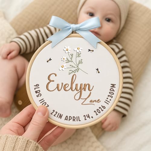 Embroidery Baby Name Sign, Personalized Welcome Baby Hoop Sign with Bow, Custom Baby Name Sign for Hospital, Infant Baby Shower Gifts New Parents (08) - Image 5