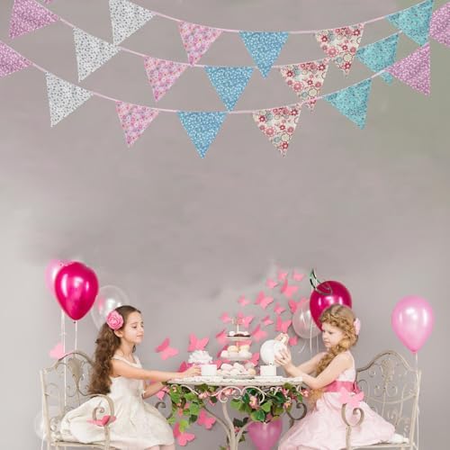 Zwiebeco 32Ft Pink Blue Purple Floral Fabric Bunting Triangle Flag Cotton Flower Pennant Banner Decoration for Birthday Wedding Engagement Baby Shower Tea Party Spring Rustic Village Home Garden Décor - Image 6