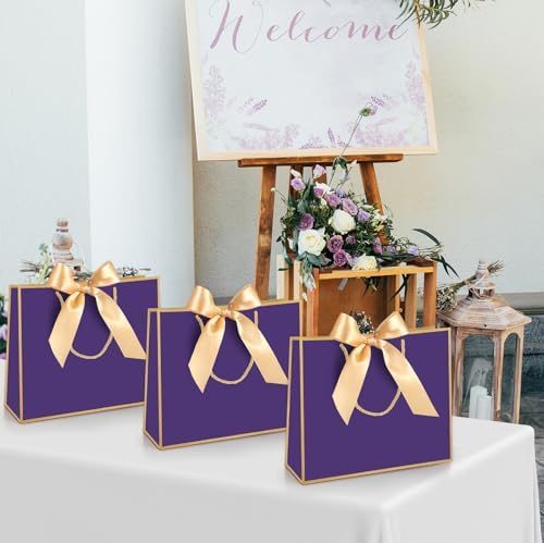 Silkfly 24 Pcs Paper Gift Bags with Handles & Bow Ribbon, Purple, Gold - Image 6
