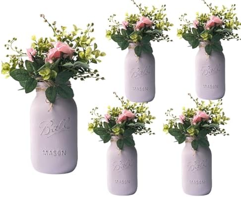 Lavender Bridal Shower Decorations | Set of 5 Table Centerpieces | Quart 32 oz Painted Mason Jars | Baby Shower Centerpiece Table Decorations | Engagement Party Decor (5 Lavender w/Greenery/Pink) by VivasFlowerShop