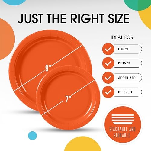 Party Solids Exquisite Orange Paper Plates Disposable Heavy Duty 200 Pcs - 100-7 & 100-9 Orange Disposable Plates for Party Heavy Duty 350 GSM for Birthday Supplies - Image 3