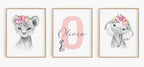 Personalized Safari Nursery Wall Art Set – Custom Name Jungle Animal Prints – Baby Girl Room Decor Pictures Pink Floral Accents – Baby Shower Posters for Girls - Unframed (Personalized Set of 3, 16x20) by PrintsMadePerfect