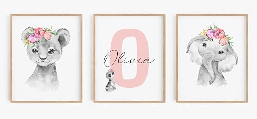 Personalized Safari Nursery Wall Art Set – Custom Name Jungle Animal Prints – Baby Girl Room Decor Pictures Pink Floral Accents – Baby Shower Posters for Girls - Unframed (Personalized Set of 3, 16x20) by PrintsMadePerfect