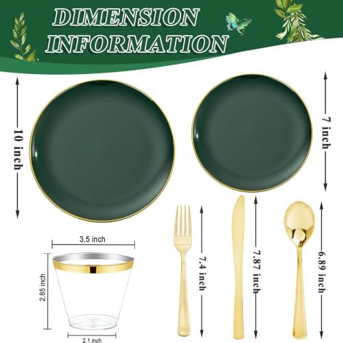 WDF 300Pcs Green Plates Disposable - Heavy Duty Green Plates for 50 Guest Green Plastic Dinnerware Include 50 Dinner Plate 50 Dessert Plate 150 Cutlery & 50 9oz Cups for Wedding/Birthday Party - Image 2