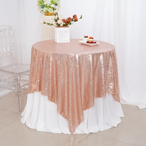 Poise3EHome Rose Gold Sequin Tablecloth 90×90 Inch Square Sequin Fabric Table Cover Overlay for Baby Shower Birthday Party Wedding Holiday Cake Table Decoration - Image 4