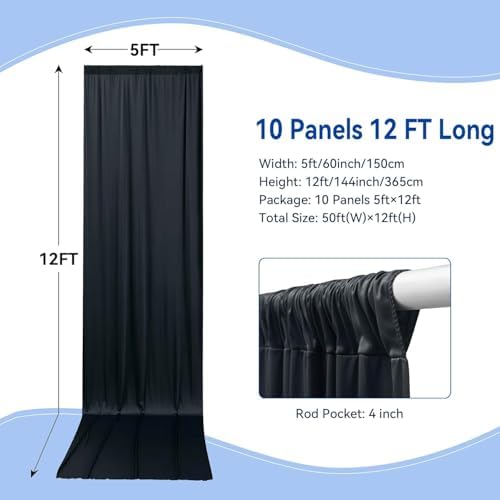 50ftx12 ft Wrinkle Free Black Backdrop Curtain for Wedding Parties, 10 Panels 5x12 ft Long Silky Polyester Fabric Backdrop Drapes Black Photo Back Drop Cloth for Parties Photography Background - Image 4