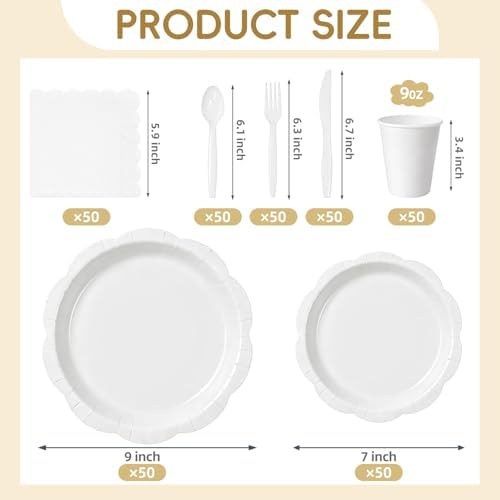 350 Pcs White Decagonal Disposable Party Supplies Set - 7" & 9" Paper Plates, 50 Cups, 150 Cutlery, 50 Napkins - Complete Party Kit for Wedding, Baby Shower, Birthday - Image 4