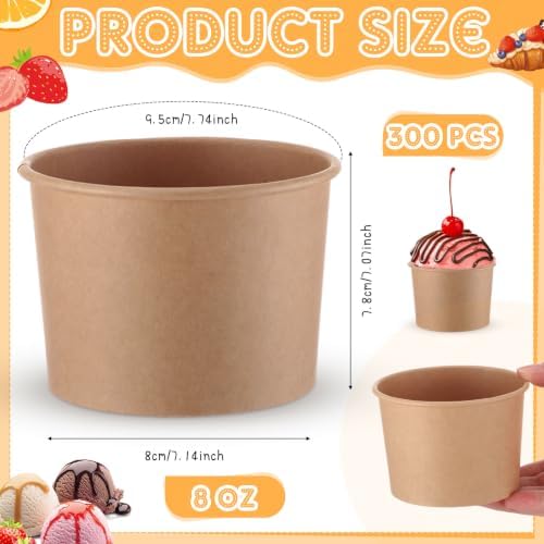 Honeydak 300 Pieces Kraft Paper Cup 8 Oz Disposable Ice Cream Dessert Bowls - Image 2