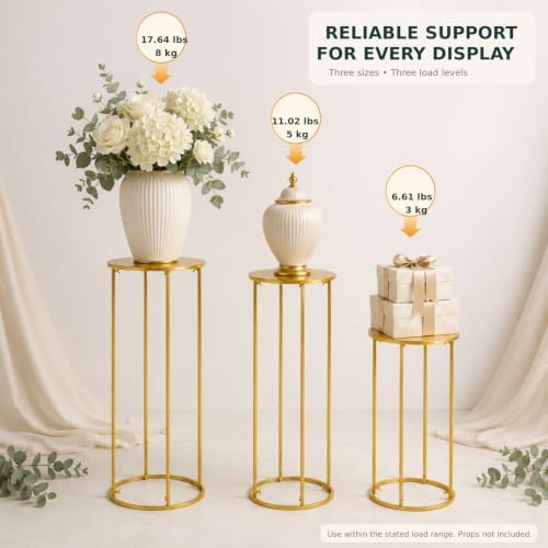 3 Pcs Cylinder Pedestal Stands for Party, Gold Metal Plant Stand - Image 4