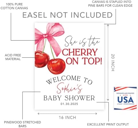 Andaz Press Personalized She's The Cherry on Top Baby Shower Decorations, Custom Coquette Bow Cherry Themed Party Decorations Baby Shower Welcome Sign Decor, 16x20 Inch - Image 2