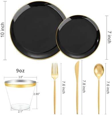 bUCLA 150PCS Black and Gold Plastic Plates - Black Gold Plastic Dinnerware Set Disposable - Include 25 Dinner / 25 Dessert Plates, 25 Knives, 25 Forks, 25 Spoons, 25 Cups, Ideal for Party & Graduation - Image 2