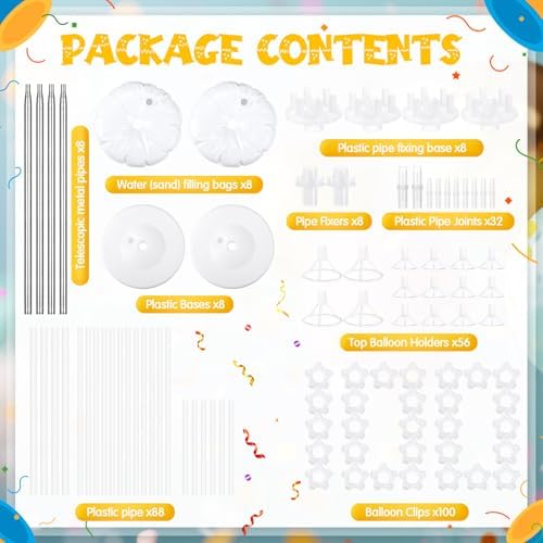 Kasyat 8 Sets 9.1ft Balloon Column Stand Kit for Floor Adjustable Balloon Pillars Arch Tower with Weight Base and 50 Rings Metal Backdrop Stands for Baby Shower Party - Image 3