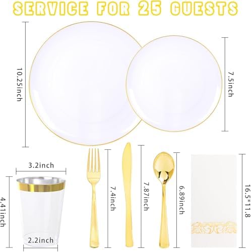YOUBET 175PCS White Plastic Plates with Gold Rim for Wedding Party - Image 6