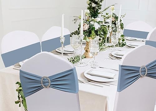 50 Pack Dusty Blue Chair Sashes, Spandex Dusty Blue Chair Bands Bows for Wedding Reception Events Decorations, Dark Blue Chair Ties for Covers - Image 2