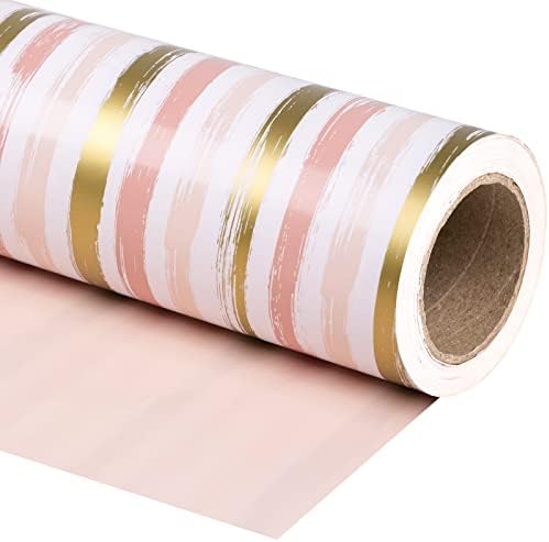 WRAPAHOLIC 30 Inch Reversible Wrapping Paper Roll - 30 Inch X 100 Feet Jumbo Roll Pink and Gold Lines Print for Birthday, Holiday, Wedding, Baby Shower and More Occasions by WRAPAHOLIC