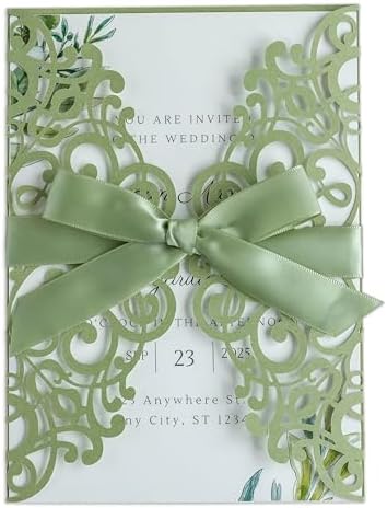 ponatia 25PCS 5.12 x 7.1 '' Sage Green Laser Cut Wedding Invitations Cards with Envelopes for 5x7 Invitation Cards Wedding Baby Bridal Shower Engagement Sweet 16 Birthday Invite by ponatia