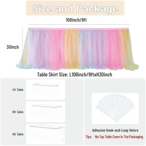 108in Rainbow Tulle Table Skirts for Rectangle Tables 6/8/4ft, 2-Layer Pastel Color Unicorn Ruffle Tulle Tutu Cloth Table Skirt 9ft for Girl Birthday Party Baby Shower Cake Dessert(No Table Cover) - Image 5
