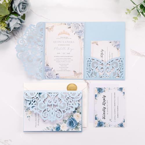 50pcs Dusty Blue Laser Cut Wedding Invitations Card Pocket with Envelope - Image 3
