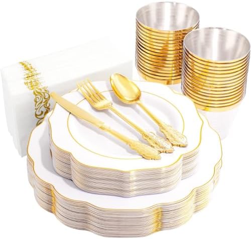 NOCCUR 175PCS Gold Plastic Plates with Disposable Silverware - White Gold Plastic Tableware Include 25 Dinner /25 Dessert Plates, 75 Cutlery, 25 Cups, 25 Napkins - Ideal for Party/Wedding by NOCCUR