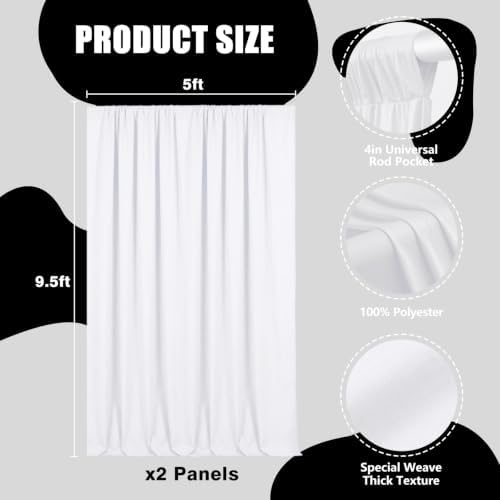 10x9.5 Ft White Backdrop Curtains for Parties, Polyester Photo Backdrop Curtain for Halloween Party, Wedding, Bridal Baby Shower, Stage Decoration, Photoshoot Background (2 Panels 5x9.5Ft) - Image 2