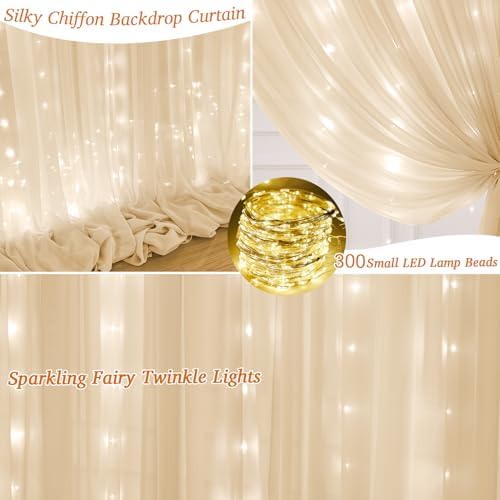 Shillance 20x10ft Champagne Chiffon Backdrop Curtain with Lights String for Wedding Sheer Tulle Curtain Photo Backdrops Drapes for Baby Shower Birthday Party Ceremony Decorations - Image 4