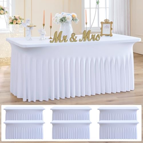 NSSONBEN 6 Pack White Spandex Tablecloth for 6 Foot Rectangle Tables,Wrinkle Free High Stretch Fitted Table Cloths 6ft, Elastic Spandex Table Covers 6ft with Pleats Skirt for Party Wedding Banquet by ENJOYYOURPARTY